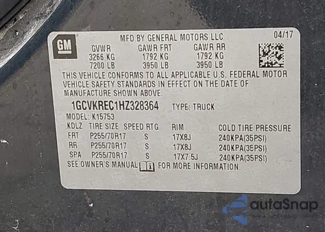 2017 Chevrolet Silverado 1500 1Lt z USA, uszkodzony, nr VIN 1GCVKREC1HZ328364